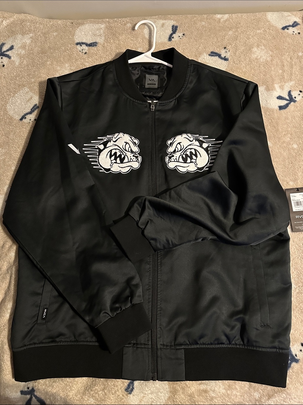 RVCA Black Bomber Jacket with Embroidered Bulldogs. Carlson Gracie/ BJ Penn